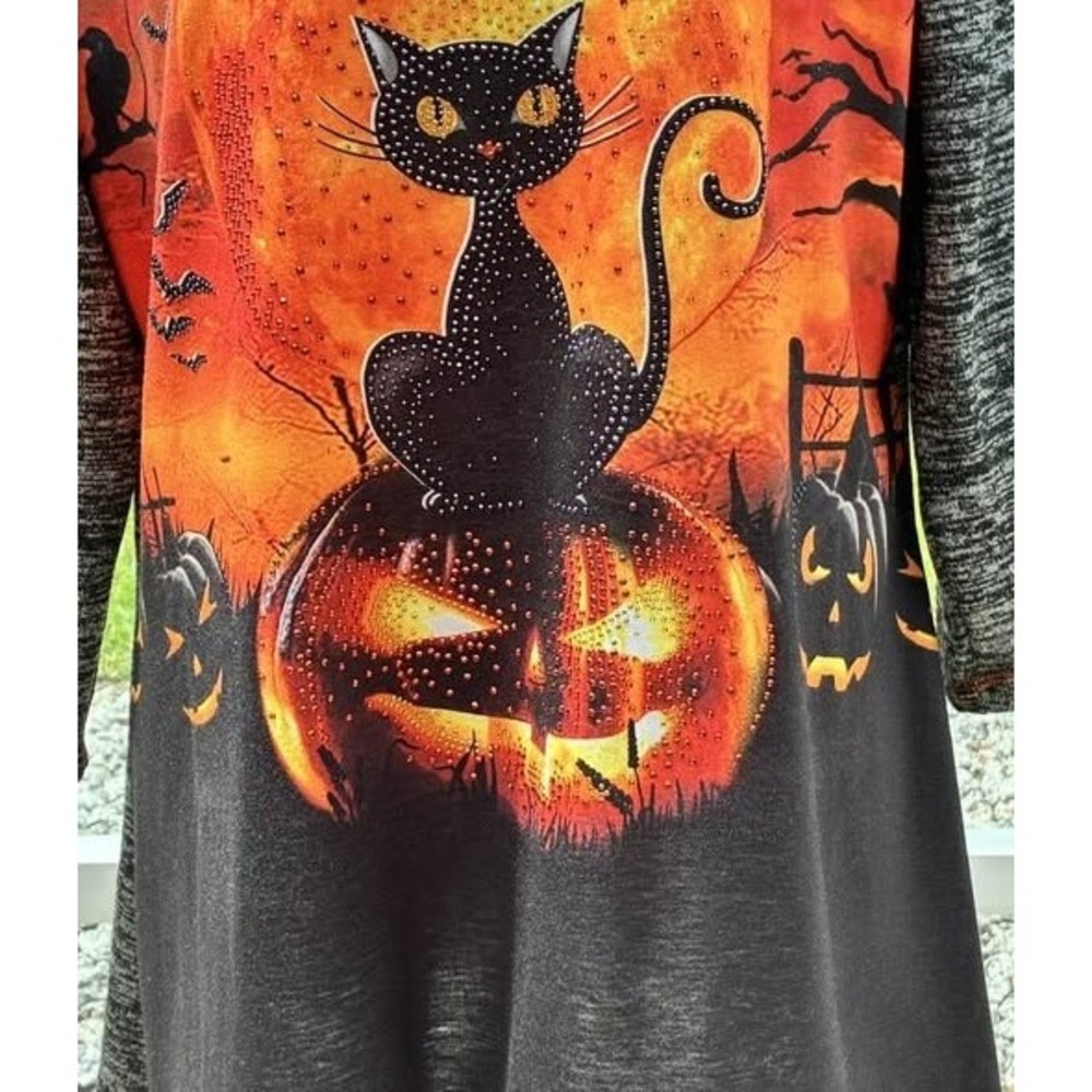 Onque Casual Halloween Black Cat Pumpkin Rhinestone Top Size L Grey Orange Black - Picture 4 of 14